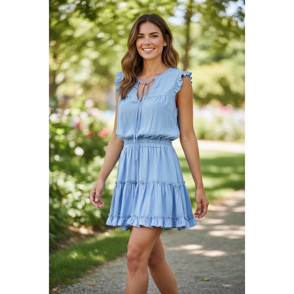 New Adrienne Blue Ruffle Tiered Mini Dress Tie Neck Smocked Waist Casual